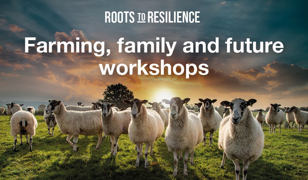 Graphic with sheep and text stating: Farming, family and future workshops.